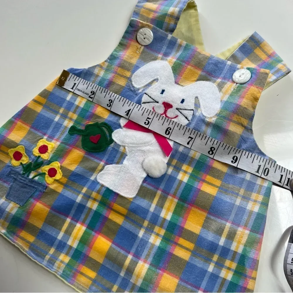 Vintage 1986 Bunny Embroidered Pastel Plaid Pinafore Overalls Cotton Apron Dress